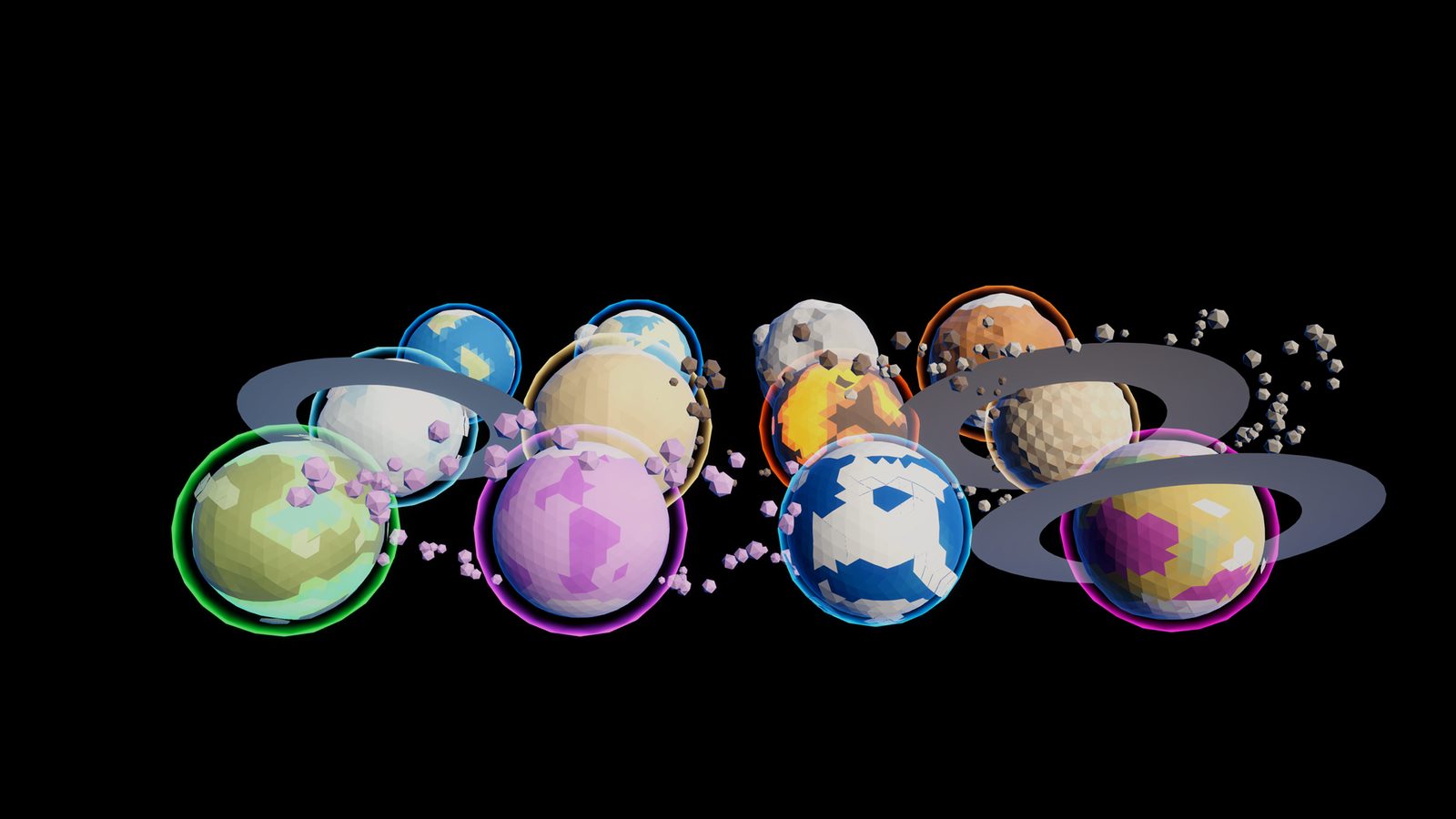 Twelve presets, one toolkit - every planet is generated, then baked into prefabs, meshes and materials.
