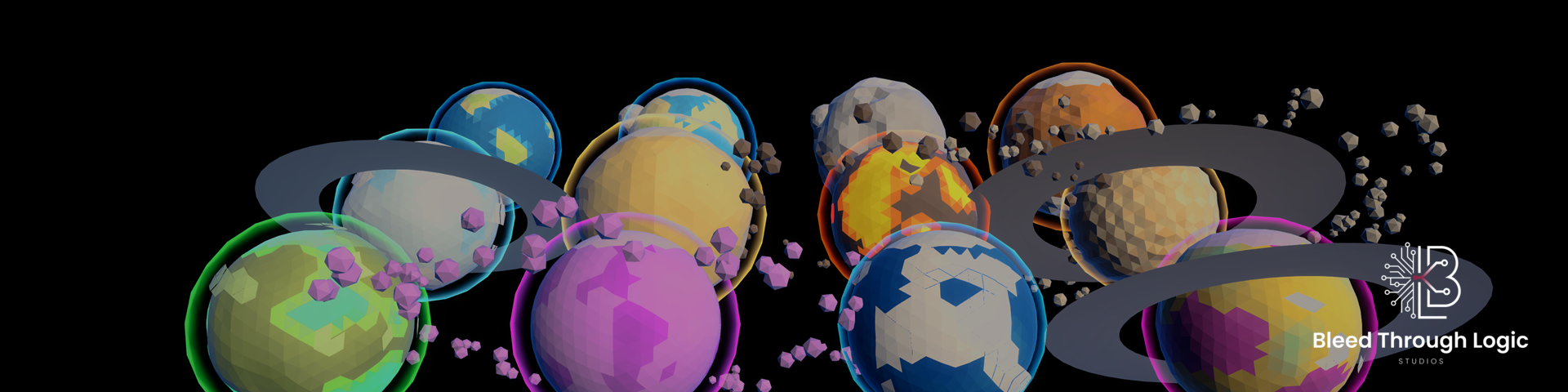 Twelve stylized low-poly planets generated with the Stylized Planet Toolkit