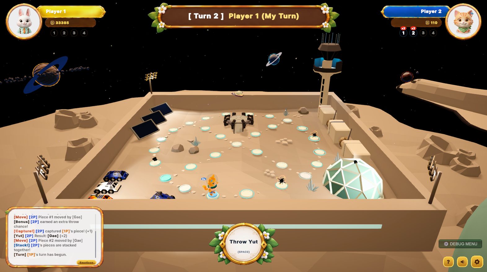 Yutopia in play - throw the yut, move a piece, capture and stack on a raised island board.